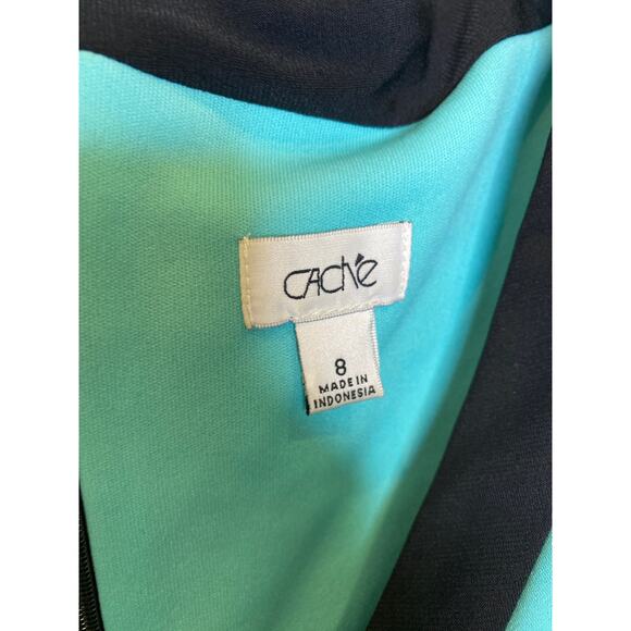 Cache Black Teal Sleeveless Bodycon Midi Dress Stretchy Colorblock Poly EUC Sz 8 - Picture 5 of 14